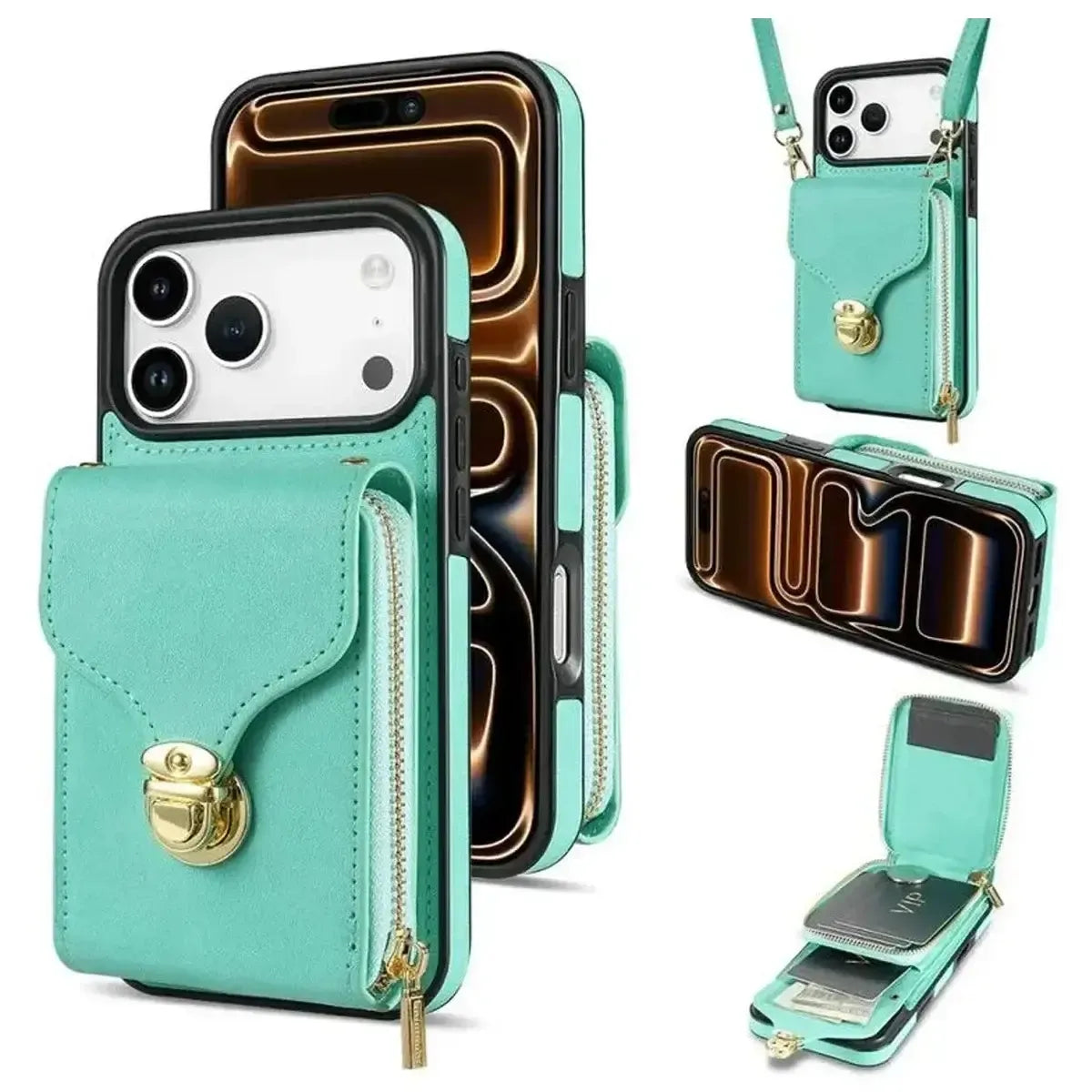 Black iPhone Case With Card Holder and Crossbody Strap - OK260010