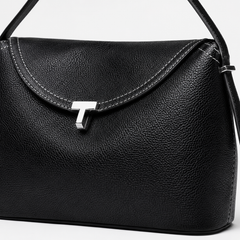 Pebbled Leather Curved Flap Shoulder Bag