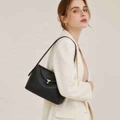 Pebbled Leather Curved Flap Shoulder Bag