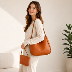 Pebbled Leather Hobo Shoulder Bag Set with Crossbody Pouch