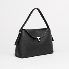 Pebbled Leather Curved Flap Shoulder Bag