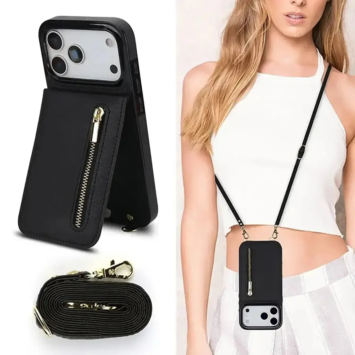 Black iPhone Case with Card Holder and Lanyard - OK260014