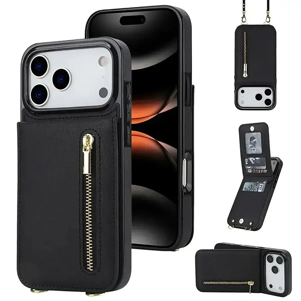 Black iPhone Case with Card Holder and Lanyard - OK260014