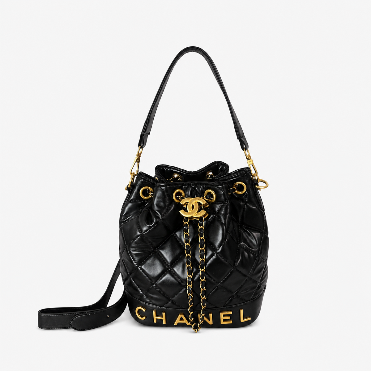 Black Leather CC Bucket Shoulder Bag