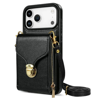 Black iPhone Case With Card Holder and Crossbody Strap - OK260010
