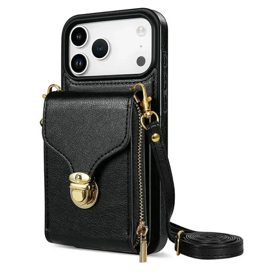 Black iPhone Case With Card Holder and Crossbody Strap - OK260010