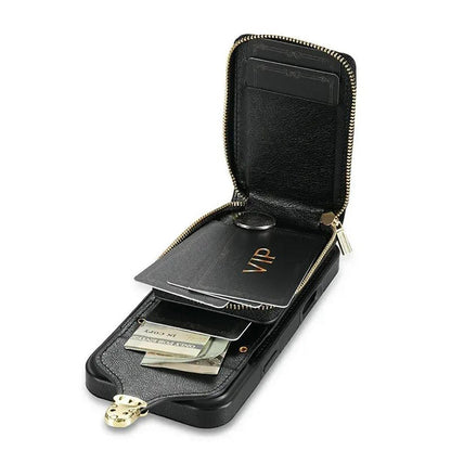 Black iPhone Case With Card Holder and Crossbody Strap - OK260010