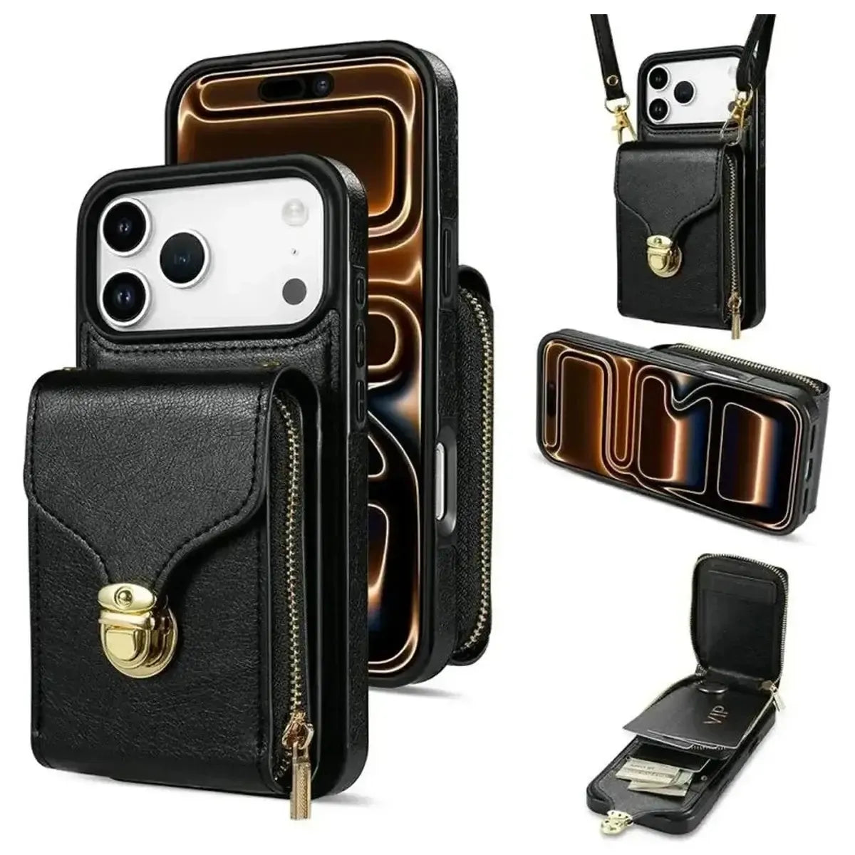 Black iPhone Case With Card Holder and Crossbody Strap - OK260010