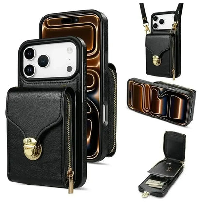 Black iPhone Case With Card Holder and Crossbody Strap - OK260010