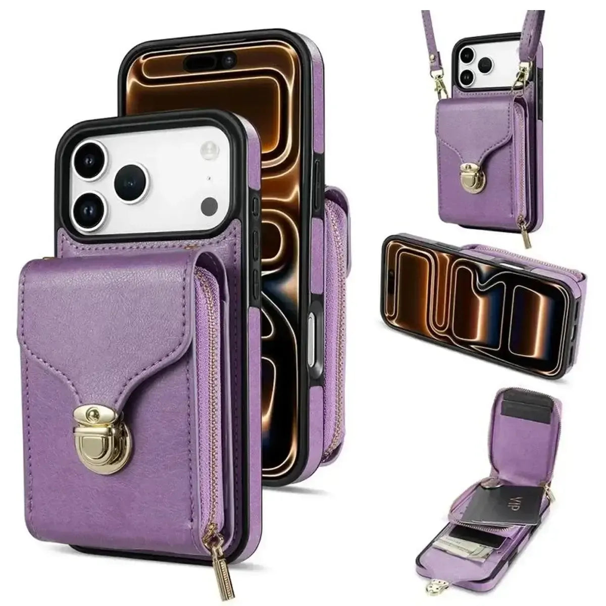 Black iPhone Case With Card Holder and Crossbody Strap - OK260010