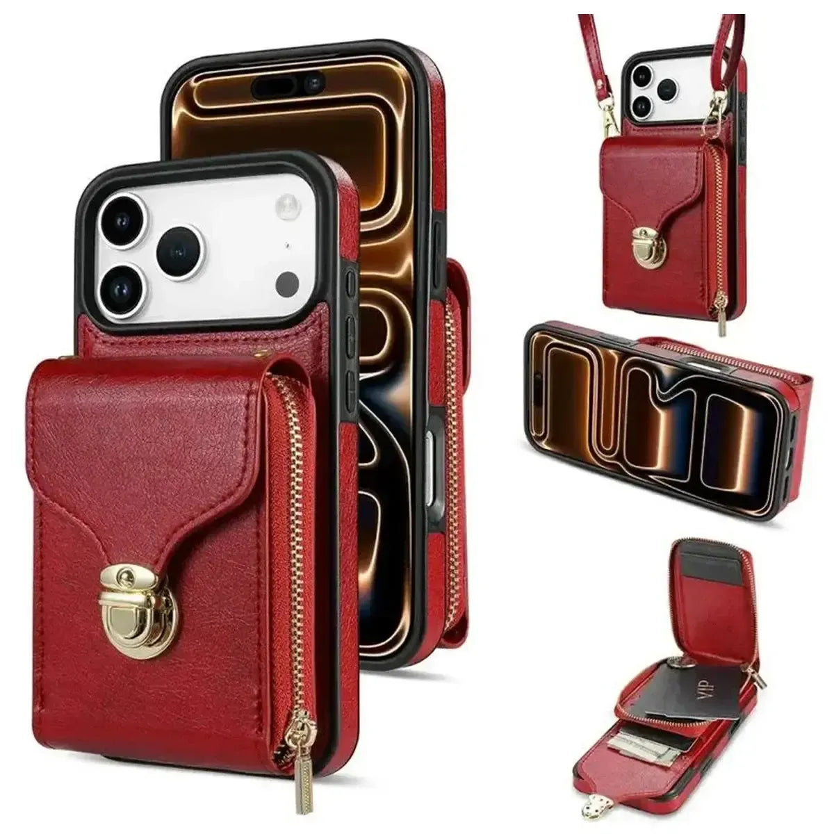 Black iPhone Case With Card Holder and Crossbody Strap - OK260010