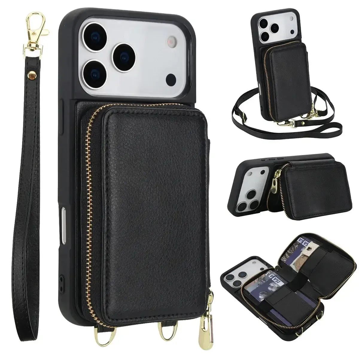 Black iPhone Case with Wallet and Crossbody Strap - OK260011