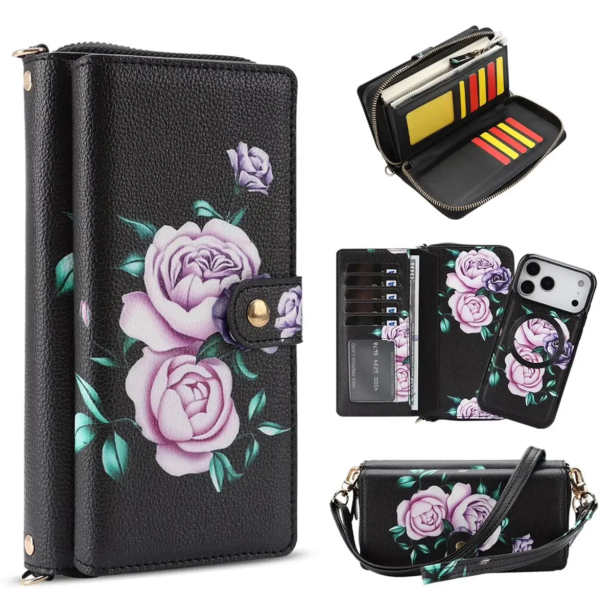 Black iPhone Case with Folding Wallet and Lanyard - OK26008